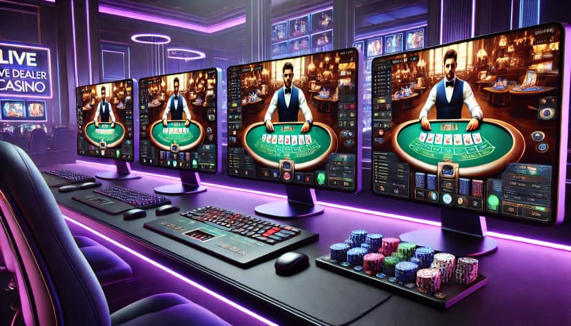 Computers displaying live dealer casino game